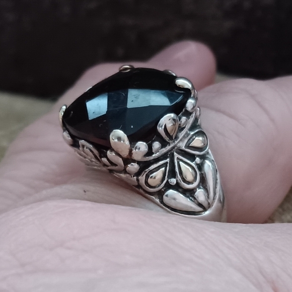 Silver Multi-faceted Brown Synthetic Stone Ring - Picture 9 of 14